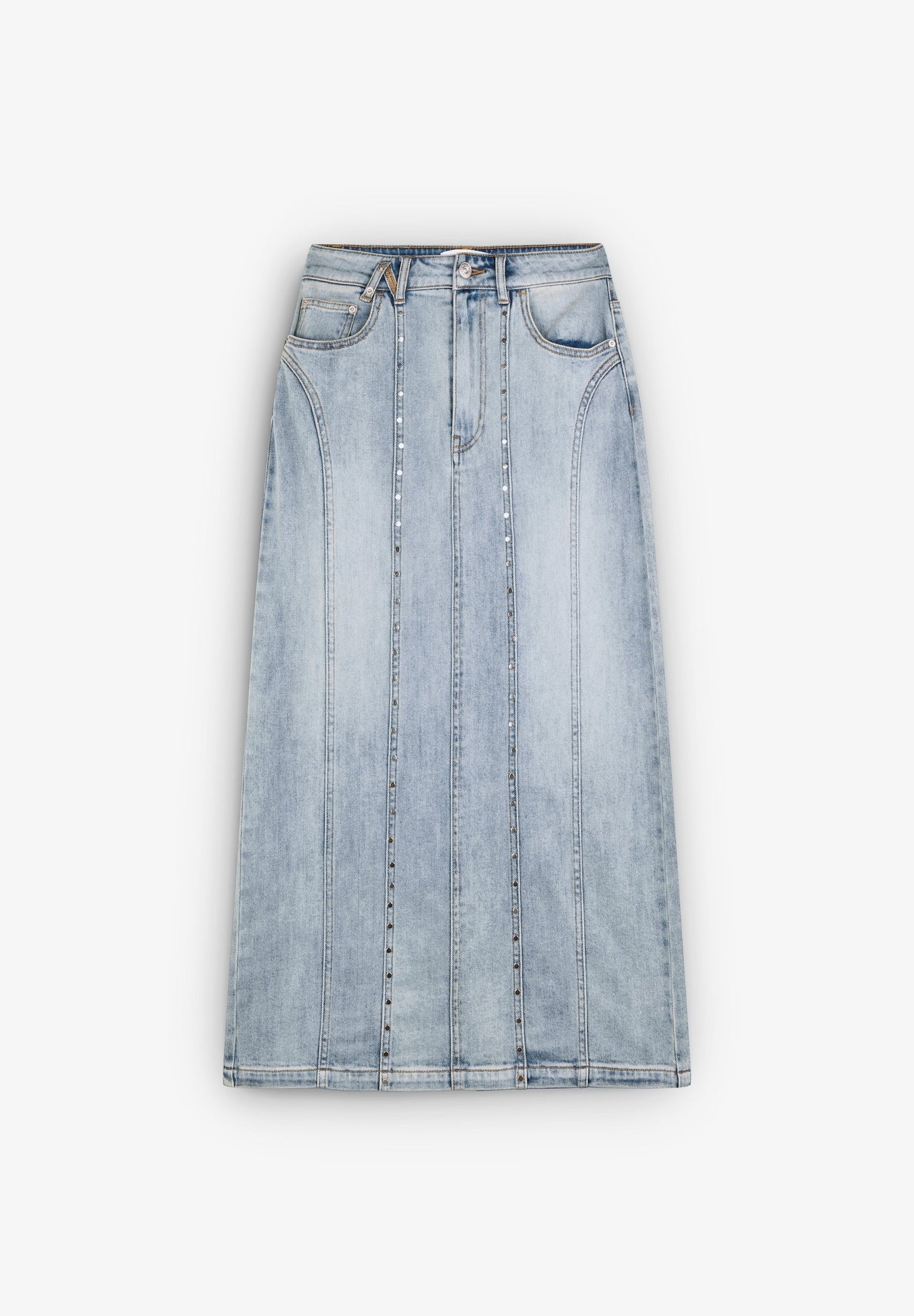 ROCK AUS DENIM MIT NIETEN UND FARBLICH ABGESETZTER TASCHE