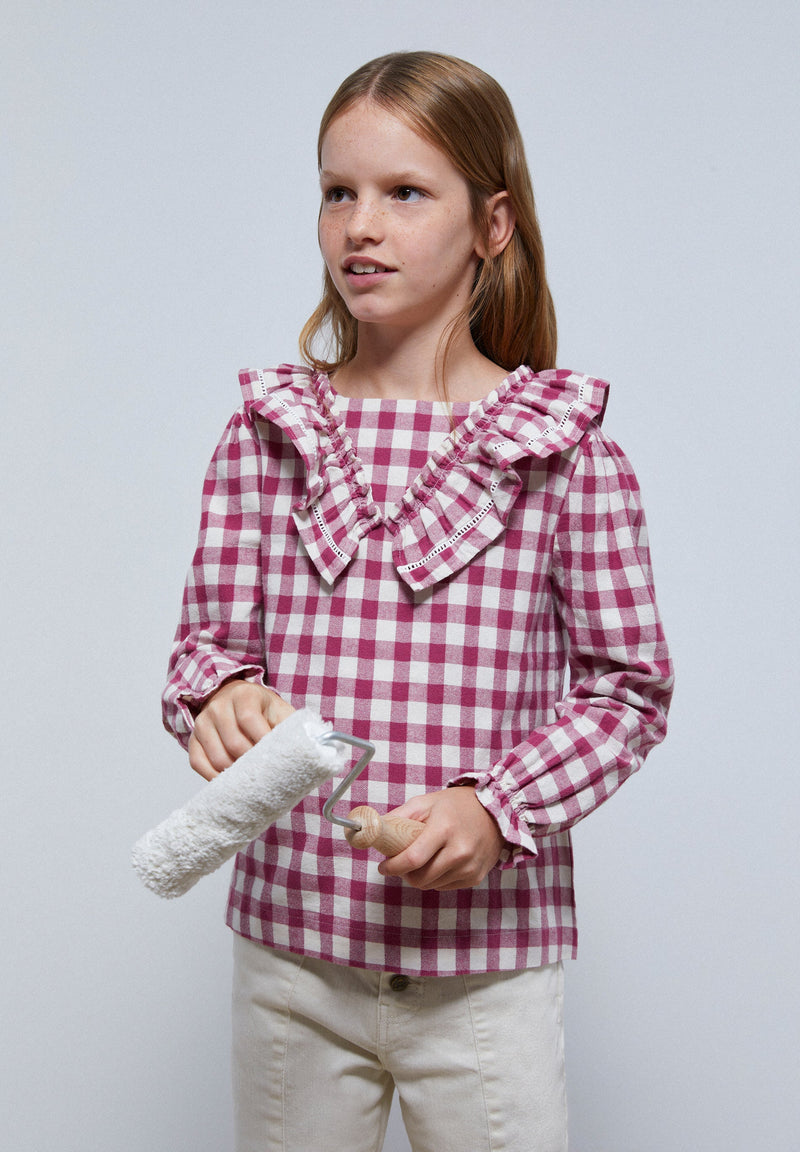 BLUSE MIT VICHYKAROS UND VOLANT