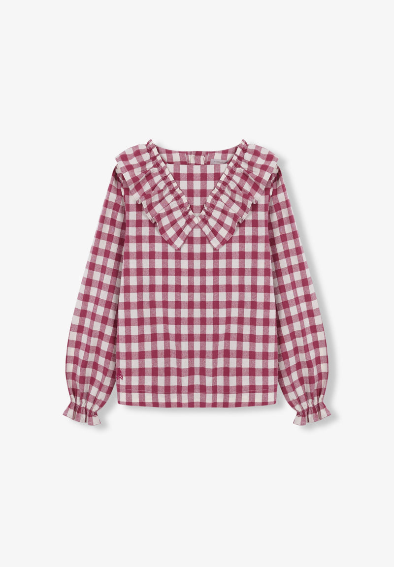 BLUSE MIT VICHYKAROS UND VOLANT