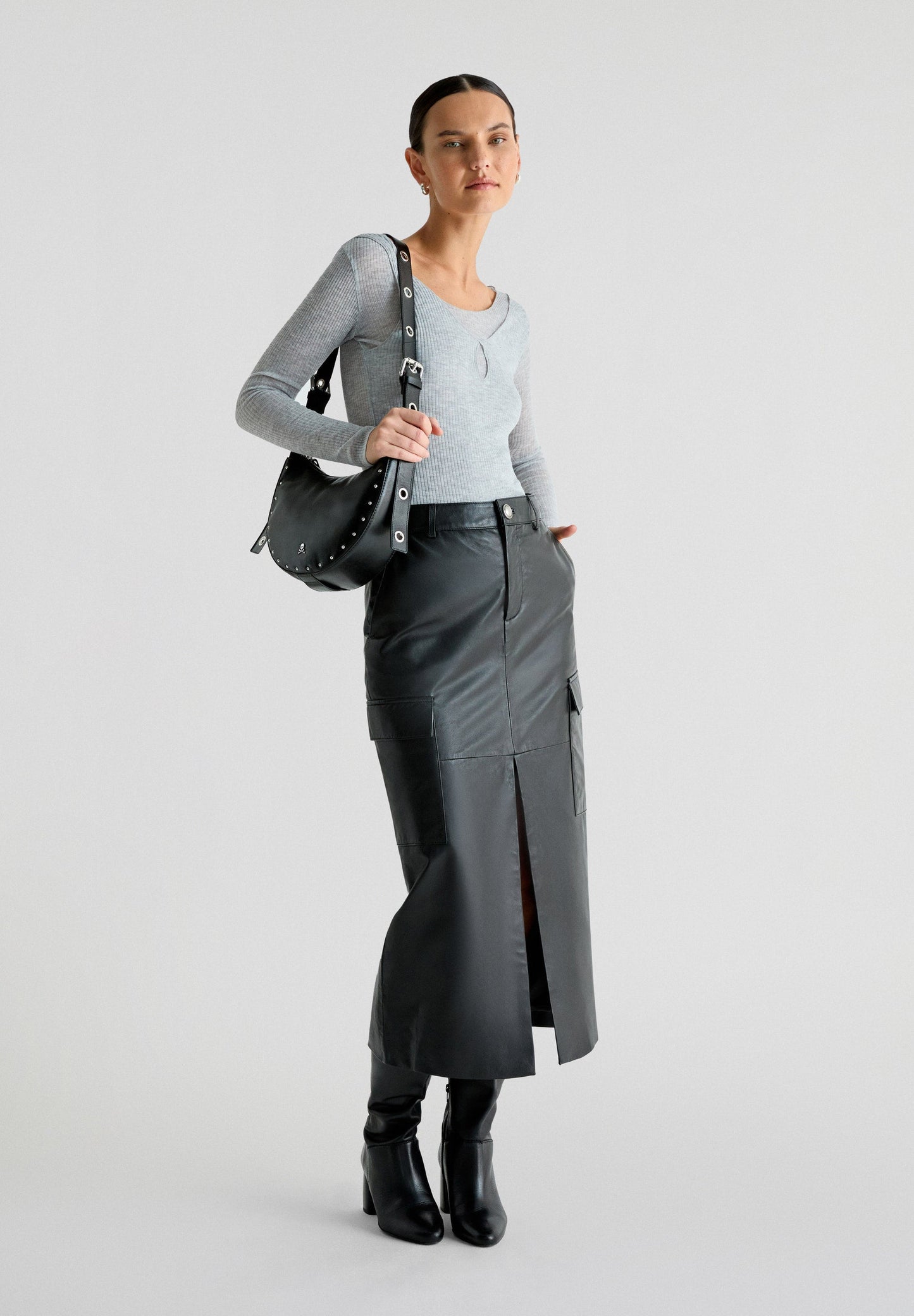 LEATHER CARGO MIDI SKIRT