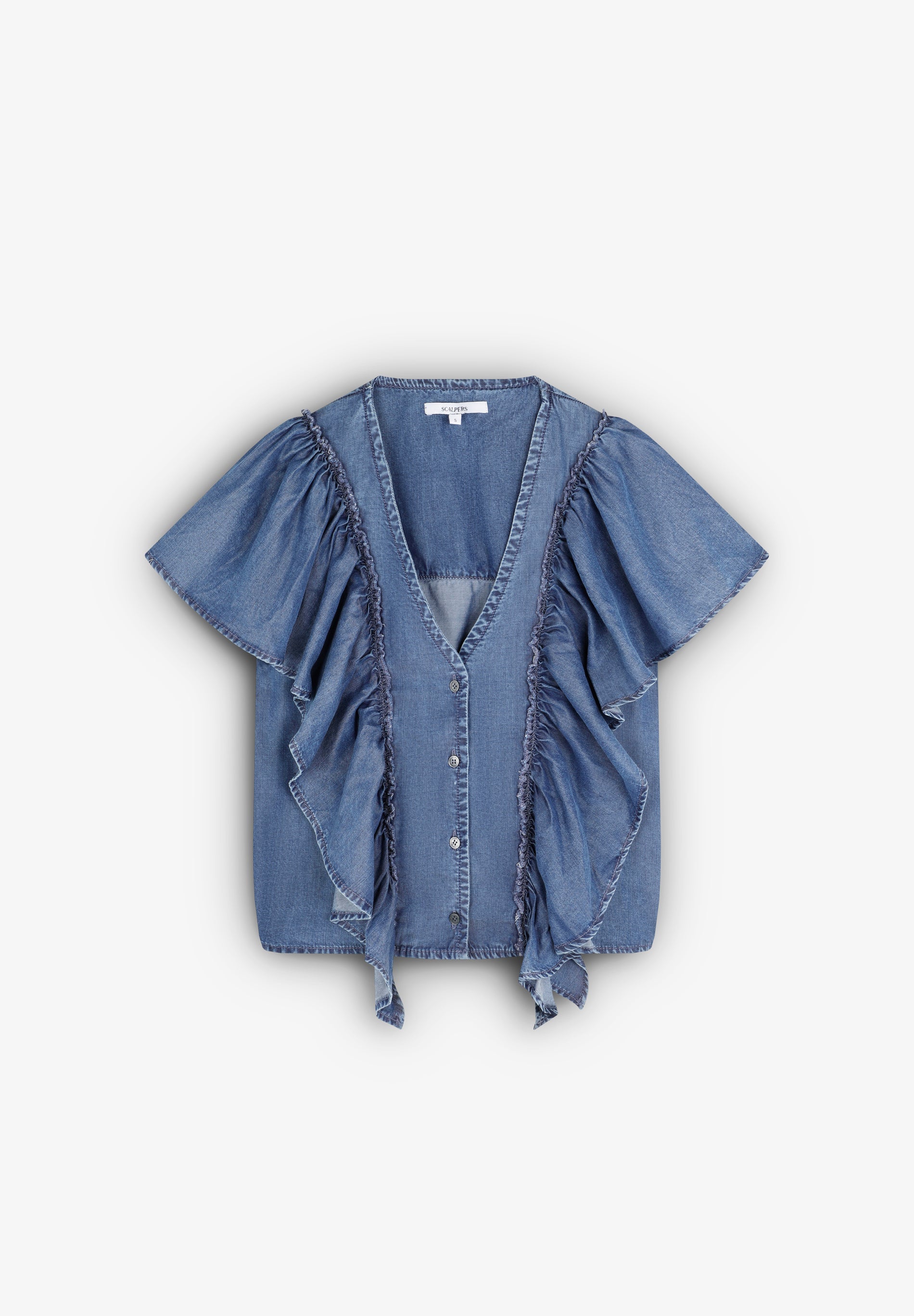 FLIESSENDES DENIMHEMD MIT VOLANTS